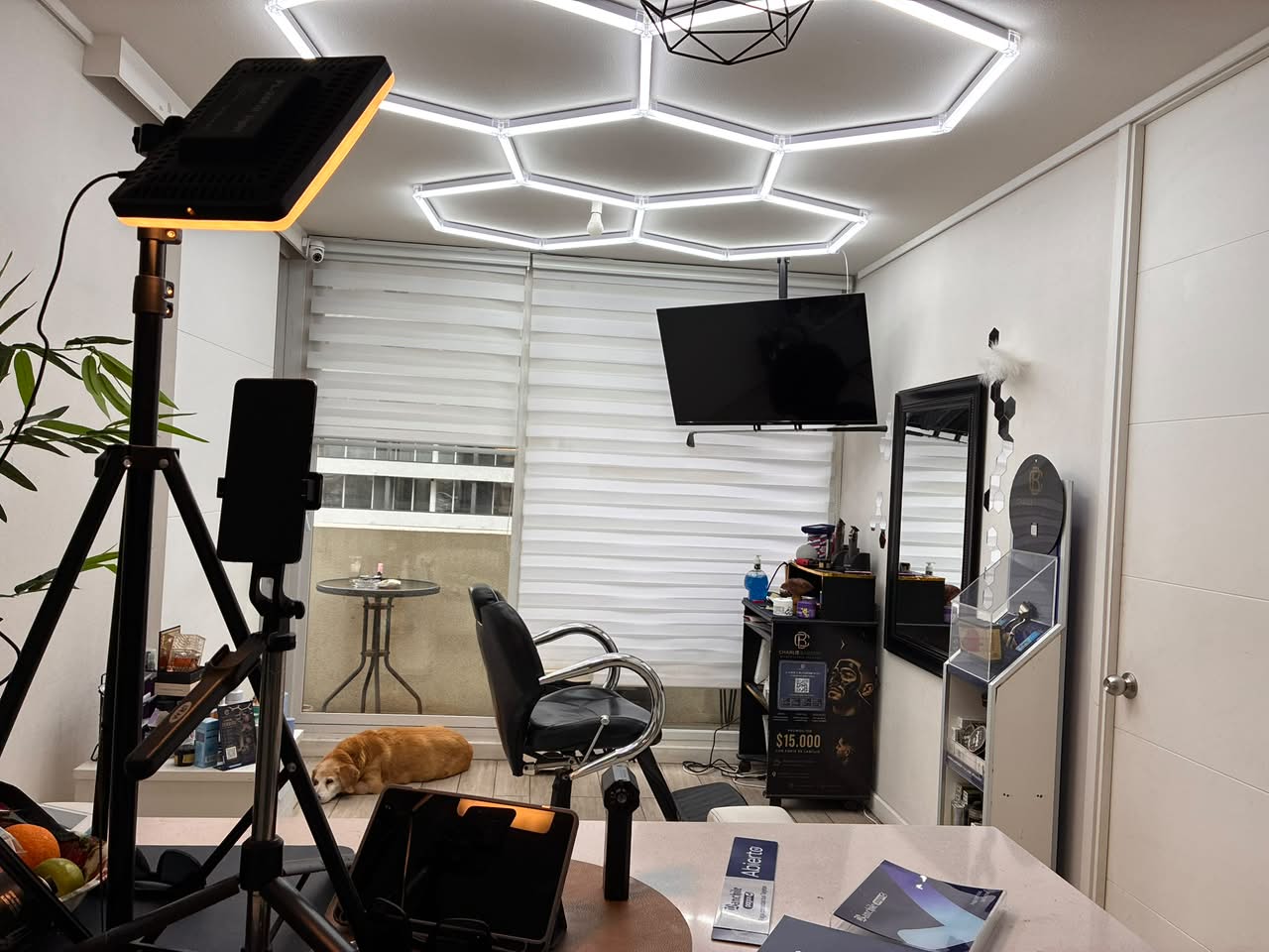 Vista del estudio de Charlie Barbers, su sillón y luces geométricas